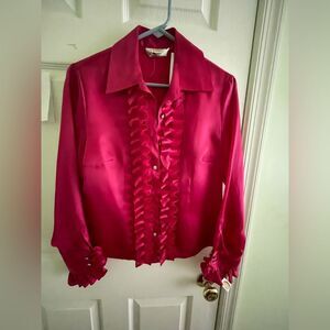 Talbots Silk blouse - Size 10 Petite - Deep Pink - Long Sleeve Ruffle Blouse